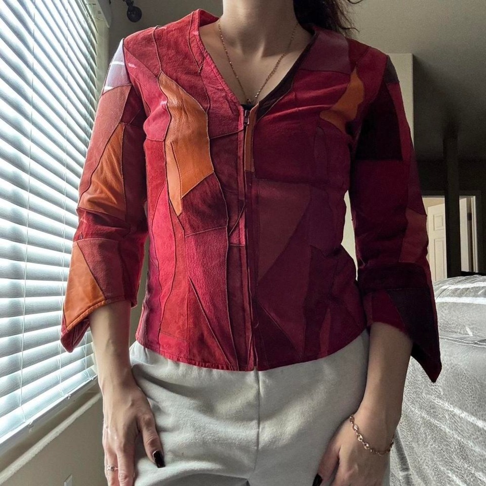 Vintage Wilsons Leather Suede Patchwork Leather Jacket Zip Front Sz L Red Orange